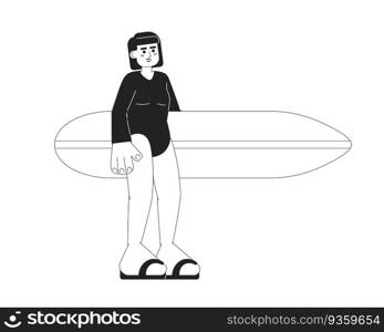 Surfer girl holding surfboard monochromatic flat vector character. Surfer wetsuit woman standing. Editable thin line full body person on white. Simple bw cartoon spot image for web graphic design. Surfer girl holding surfboard monochromatic flat vector character