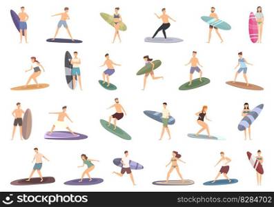 Surfer icons set cartoon vector. Surfboard character. Beach wave. Surfer icons set cartoon vector. Surfboard character