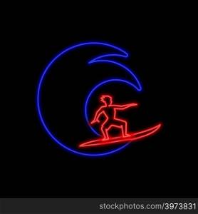 Surfer in ocean wave neon sign. Bright glowing symbol on a black background. Neon style icon.