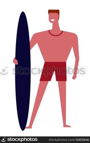 Surfer male standing with surfing board and smiling vector person fond of summer sports and active lifestyle holding surfboard man boy in good mood on beach summertime vacation spending time.. Surfer male standing with surfing board and smiling