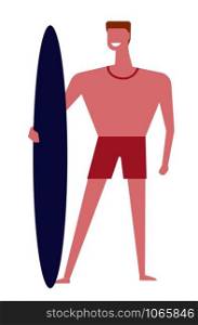 Surfer male standing with surfing board and smiling vector person fond of summer sports and active lifestyle holding surfboard man boy in good mood on beach summertime vacation spending time.. Surfer male standing with surfing board and smiling