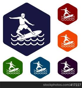 Surfer man icons set rhombus in different colors isolated on white background. Surfer icons set