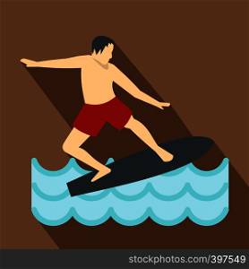 Surfer man on surfboard icon. Flat illustration of surfer man on surfboard vector icon for web. Surfer man on surfboard icon, flat style
