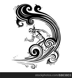 Surfer man on the wave. Prints for T-shirts. Vector hand drawn illustration.. Surfer man on the wave.