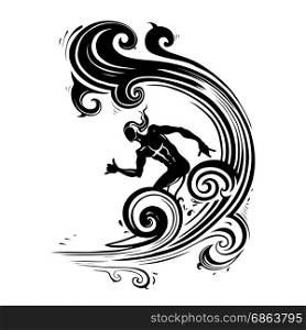 Surfer man on the wave.. Surfer man on the wave. Prints for T-shirts. Vector hand drawn illustration.