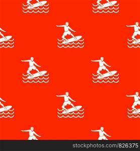 Surfer man pattern repeat seamless in orange color for any design. Vector geometric illustration. Surfer pattern seamless