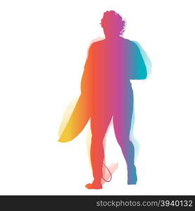 Surfer silhouette walking with surfboard with colourful grandient.