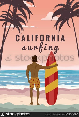 Surfer standing with surfboard on the tropical beach back view. California surfing palms ocean theme. Surfer standing with surfboard on the tropical beach back view. California surfing palms ocean theme. Vector illustration isolated template poster banner