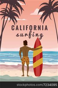 Surfer standing with surfboard on the tropical beach back view. California surfing palms ocean theme. Surfer standing with surfboard on the tropical beach back view. California surfing palms ocean theme. Vector illustration isolated template poster banner