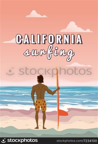 Surfer standing with surfboard on the tropical beach back view. California surfing palms ocean theme. Surfer standing with surfboard on the tropical beach back view. California surfing palms ocean theme. Vector illustration isolated template poster banner