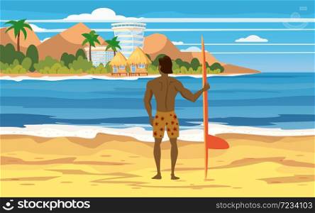 Surfer standing with surfboard on the tropical beach back view. Palms ocean surfung theme. Surfer standing with surfboard on the tropical beach back view. Palms ocean surfung theme. Vector illustration isolated template poster banner