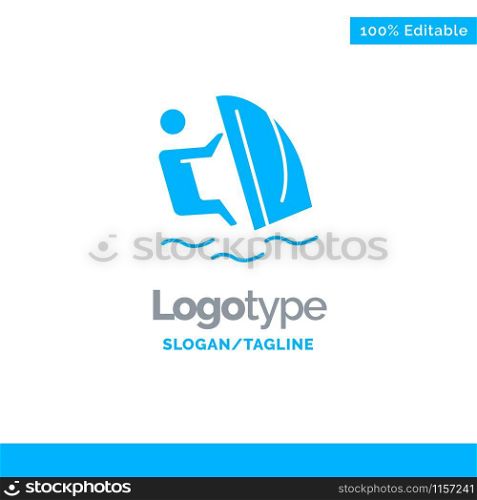 Surfer, Surfing, Water, Wind, Sport Blue Solid Logo Template. Place for Tagline