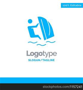 Surfer, Surfing, Water, Wind, Sport Blue Solid Logo Template. Place for Tagline