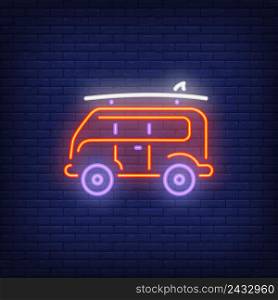 Surfer van neon sign. Retro bus with surfboard on roof on dark brick wall background. Night bright advertisement. Vector illustration in neon style for beach vacation or travelling