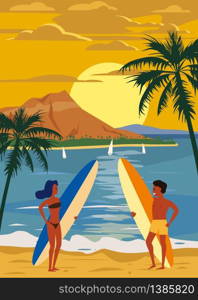 Surfers man and woman couple on the beach, sunset, coast, palm trees. Surfers man and woman couple on the beach, sunset, coast, palm trees. Get ready to surf. Resort, tropics, sea, ocean. Vector, Isolated, Retro, vintage, Poster, Banner