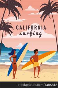 Surfers man and woman on the beach, coast, palm trees. Surfers man and woman couple on the beach, coast, palm trees. Get ready to surf. Resort, tropics, sea, ocean. Vector, Isolated, Flat Style, Poster, Banner