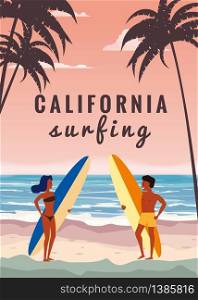 Surfers man and woman on the beach, coast, palm trees. Surfers man and woman couple on the beach, coast, palm trees. Get ready to surf. Resort, tropics, sea, ocean. Vector, Isolated, Flat Style, Poster, Banner