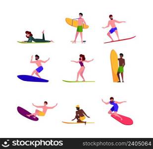 Surfers persons. Extreme action sport activity people surfing on board on big ocean waves garish vector flat illustrations. Surfing action extreme, surfer on water. Surfers persons. Extreme action sport activity people surfing on board on big ocean waves garish vector flat illustrations