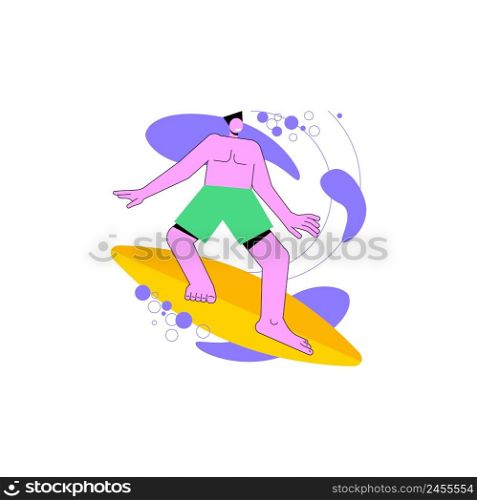 Surfing abstract concept vector illustration. Water sport, holiday fun, ocean wave, palm beach, summer vacation, swim wetsuit, surfing school, surf board, extreme video abstract metaphor.. Surfing abstract concept vector illustration.