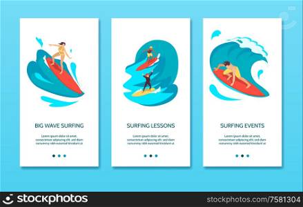 Surfing association big wave events instructors lessons equipment 3 vertical isometric banners blue background vector illustration
