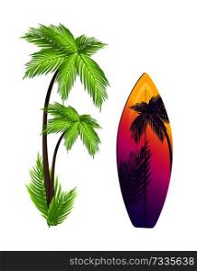 Surfing board and palm tree, summer and tropical, palm with branches and long wide leaves, surfboard vector illustration isolated on white background. Surfing Board and Palm Tree Vector Illustration