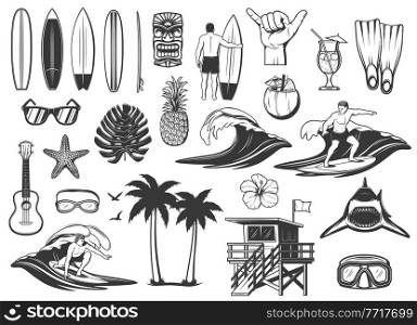 Surfing board, ocean wave and beach vacation icons. Surfer riding board, sunglasses and pineapple, cocoa cocktail, shark, scuba diving mask and goggles, hibiscus flower, lifeguard tower and flippers. Surfing and tropical beach vacation vector icons