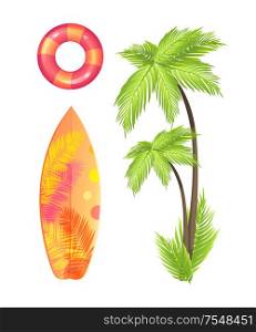 Surfing board ,summer isolated icons set vector. Saving ring, lifeline and lifebuoy. Green palm tree and surfboard with exotic leaves plant print. Surfing Board Summer Set Icon Vector Illustration