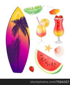 Surfing board summer isolated icons vector. Surfboard with palm and leaves print, strawberry and watermelon, cocktails beverages with decorative straw. Surfing Board Summer Icons Set Vector Illustration