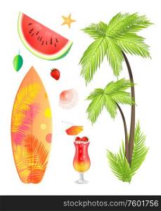 Surfing board summertime isolated icons vector set. Watermelon and strawberry with leaf, palm tree tropical beverage. Cocktail decorated with umbrella. Surfing Board Summertime Icons Vector Illustration