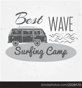 Surfing camp concept Vector Summer surfing retro badge. Surfing camp emblem , rv outdoors banner, vintage background. Boards, retro car. Surf icon design.