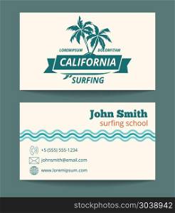 Surfing card template. Surfing school instructor card template. Banner with wave ocean, vector illustration