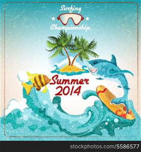 Surfing championship promo poster with palm island and shark vector illustration