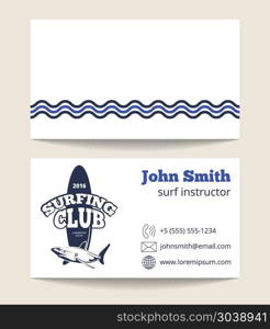 Surfing club business card template with logo. Surfing club business card template with logo. Poster surfing club. Vector illustration