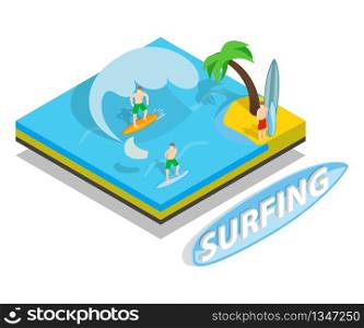 Surfing concept banner. Isometric banner of surfing vector concept for web, giftcard and postcard. Surfing concept banner, isometric style
