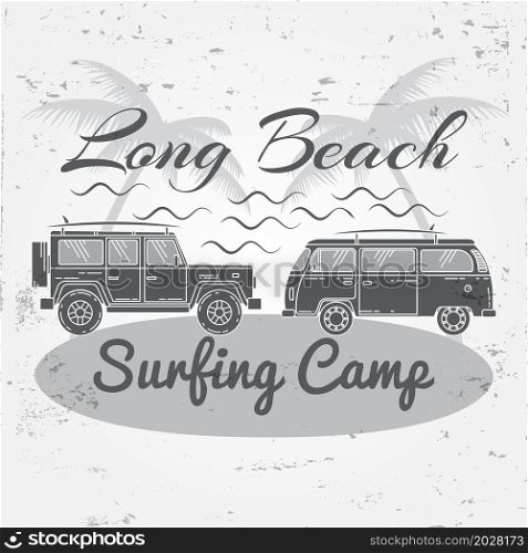 Surfing concept for shirt or logo, print, stamp. For web design and application interface, also useful for infographics. Vector dark grey. Vector illustration.