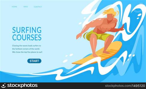 Surfing Courses Horizontal Banner with Young Man Riding Surf Board by Ocean Waves. Sportsman in Motion, Sparetime, Summer Sport Activity, Healthy Lifestyle, Leisure Cartoon Flat Vector Illustration. Young Man Riding Surf Board by Ocean Waves Banner