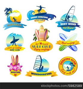 Surfing emblems set. Surfing emblems set with windsurfing boards and surfer silhouettes isolated vector illustration