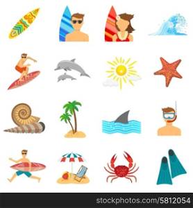 Surfing icons flat set with board beach and snorkeling isolated vector illustration. Surfing Icons Flat Set