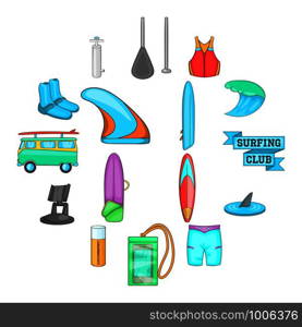 Surfing icons set. Cartoon illustration of 16 surfing vector icons for web. Surfing icons set, cartoon style