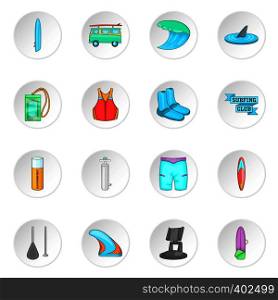 Surfing icons set. Cartoon illustration of 16 surfing vector icons for web. Surfing icons set