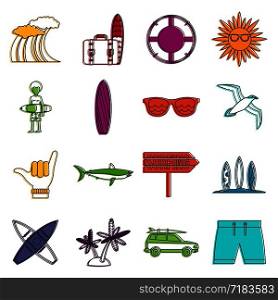 Surfing icons set. Doodle illustration of vector icons isolated on white background for any web design. Surfing icons doodle set
