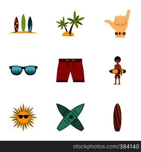 Surfing icons set. Flat illustration of 9 surfing vector icons for web. Surfing icons set, flat style