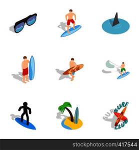 Surfing icons set. Isometric 3d illustration of 9 surfing vector icons for web. Surfing icons set, isometric 3d style