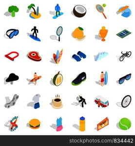 Surfing icons set. Isometric style of 36 surfing vector icons for web isolated on white background. Surfing icons set, isometric style