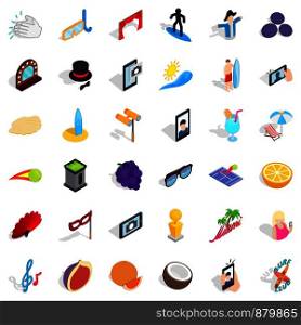 Surfing icons set. Isometric style of 36 surfing vector icons for web isolated on white background. Surfing icons set, isometric style
