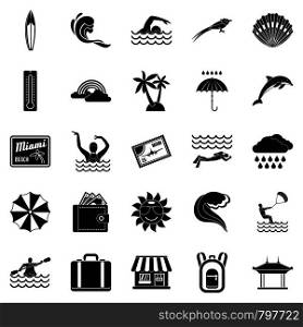 Surfing icons set. Simple set of 25 surfing vector icons for web isolated on white background. Surfing icons set, simple style
