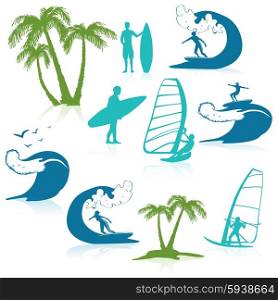 Surfing Icons With People. Surfing icons with people silhouettes on the wave and palm trees isolated vector illustration