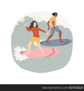 Surfing isolated cartoon vector illustration. Group of happy teenagers surfing together, extreme summer sport, active lifestyle, leisure time together, having fun on beach vector cartoon.. Surfing isolated cartoon vector illustration.
