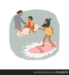 Surfing isolated cartoon vector illustration. Holiday resort activity, family surfing class, children standing up on a surfboard, beach sport, kid catching wave, ocean adventure vector cartoon.. Surfing isolated cartoon vector illustration.