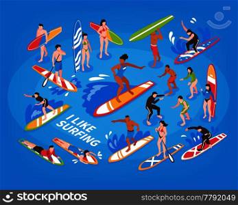 Surfing isometric blue background with male and female sportsmen riding on waves with surfboard vector illustration. Surfing Isometric Blue Background 